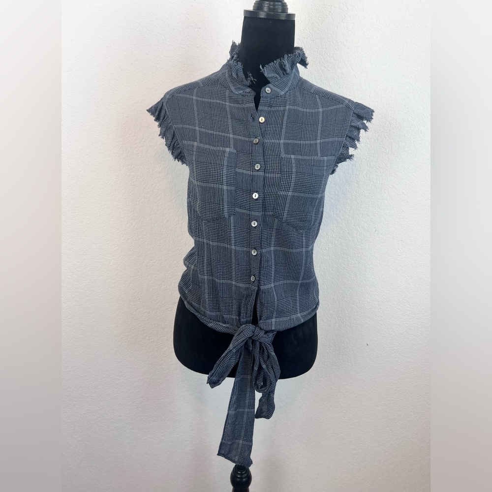 Cinq A Sept Plaid Button Up Front Tie Blouse Size XS